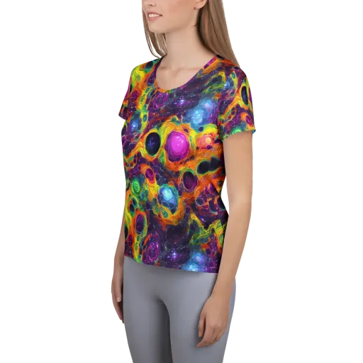 Luminous Orbits on a Women's Athletic T-Shirt