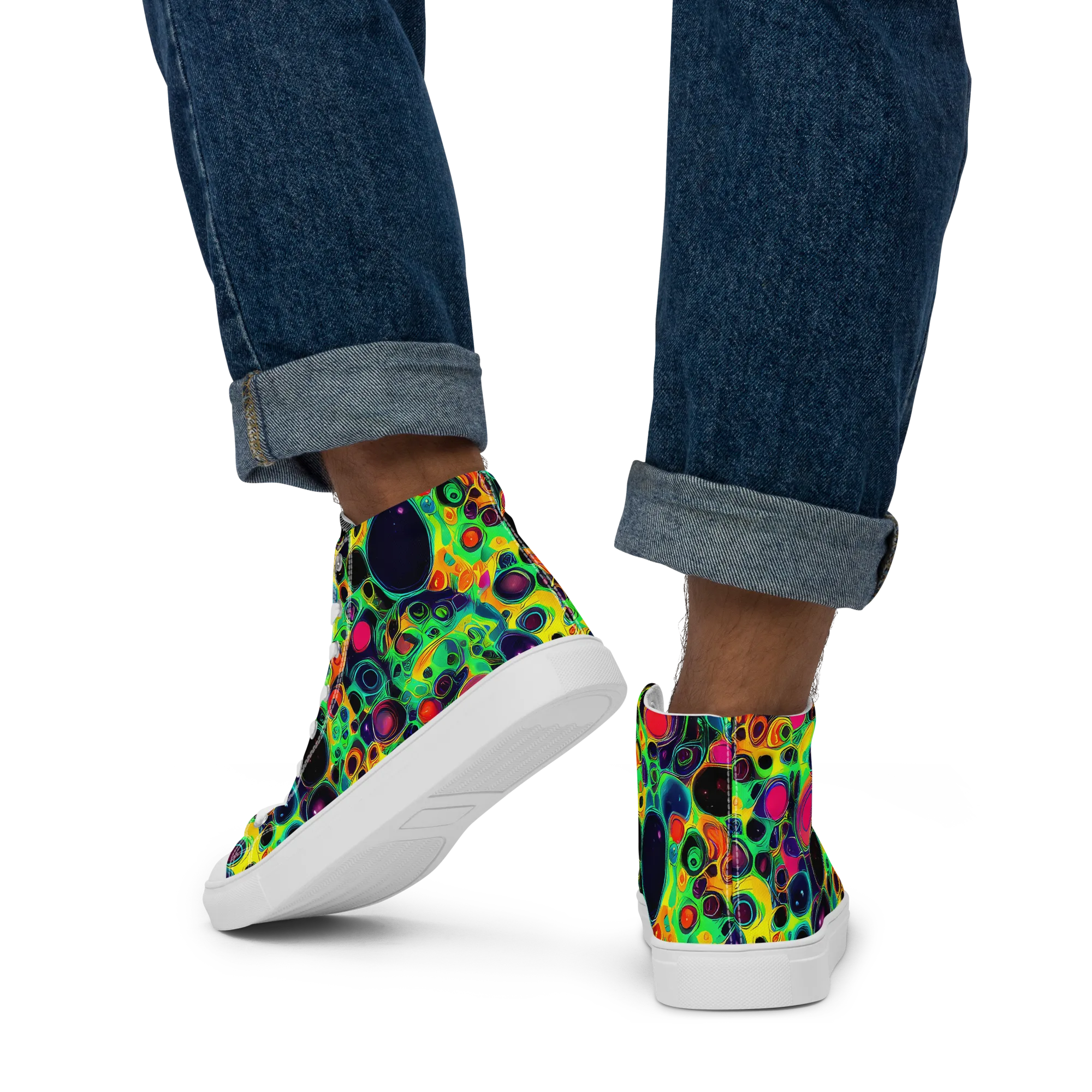 Vivid Spill on Men's High Top Canvas Shoes — Back