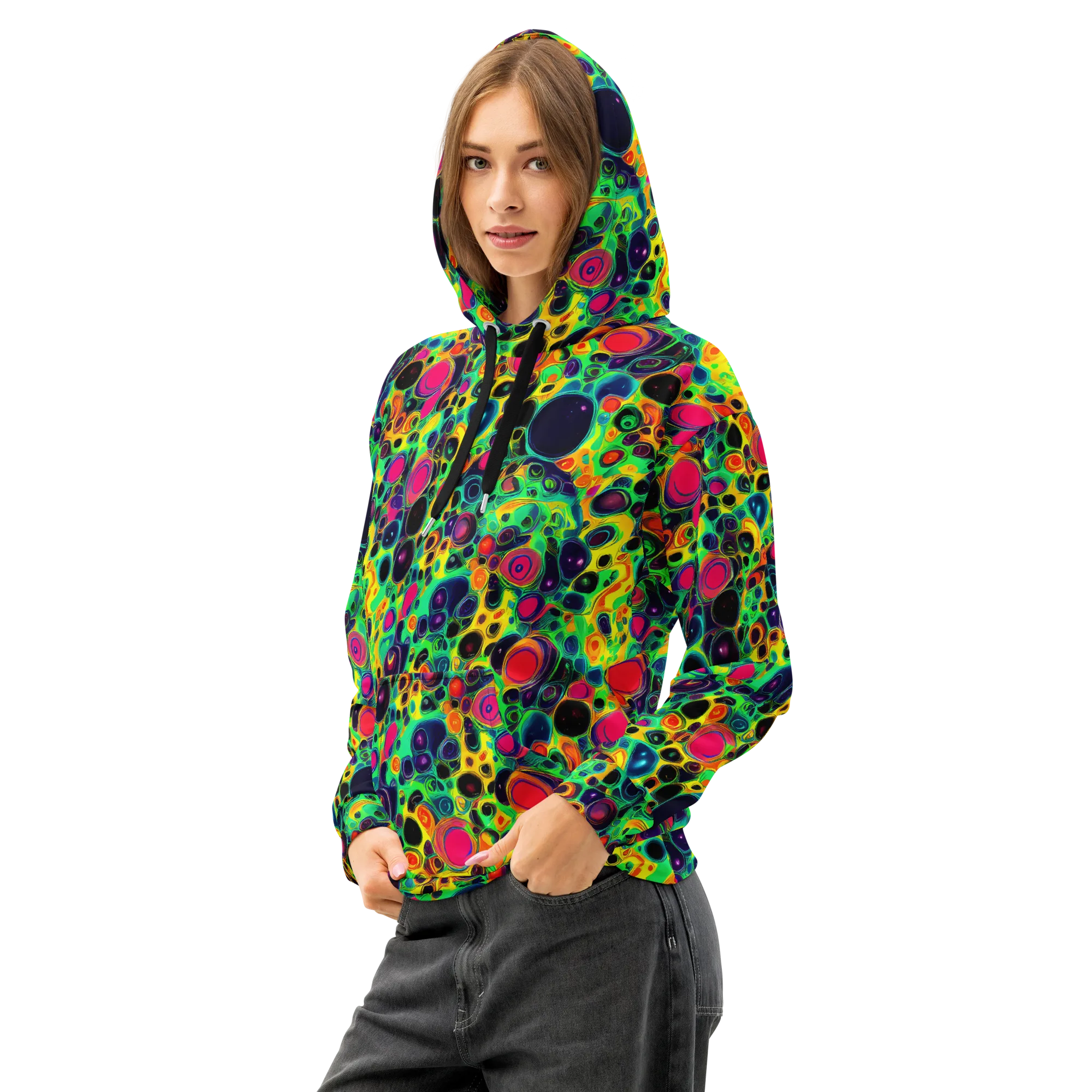 Vivid Spill on Cotton Hoodie — Left Front