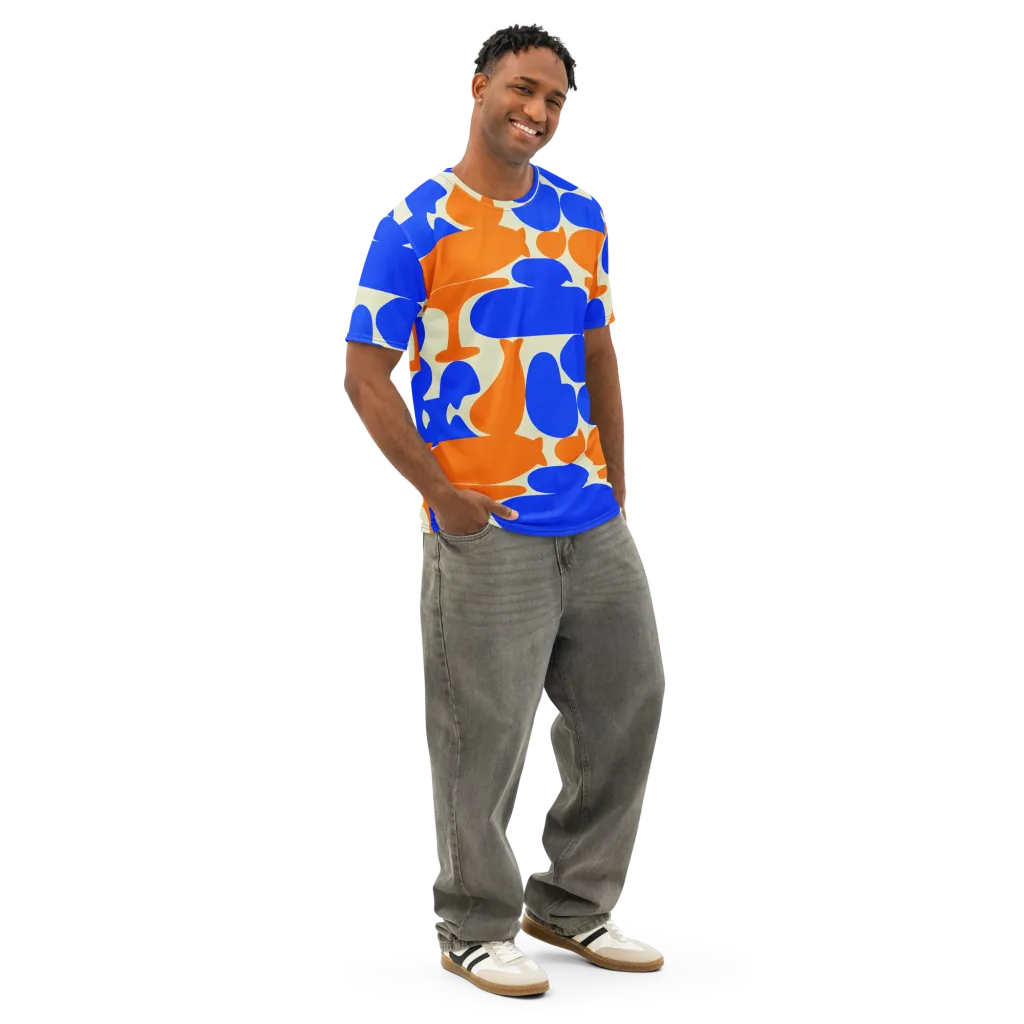 Cobalt Tangerine Totem on Men's Cotton Crew Neck T-Shirt — Right Front