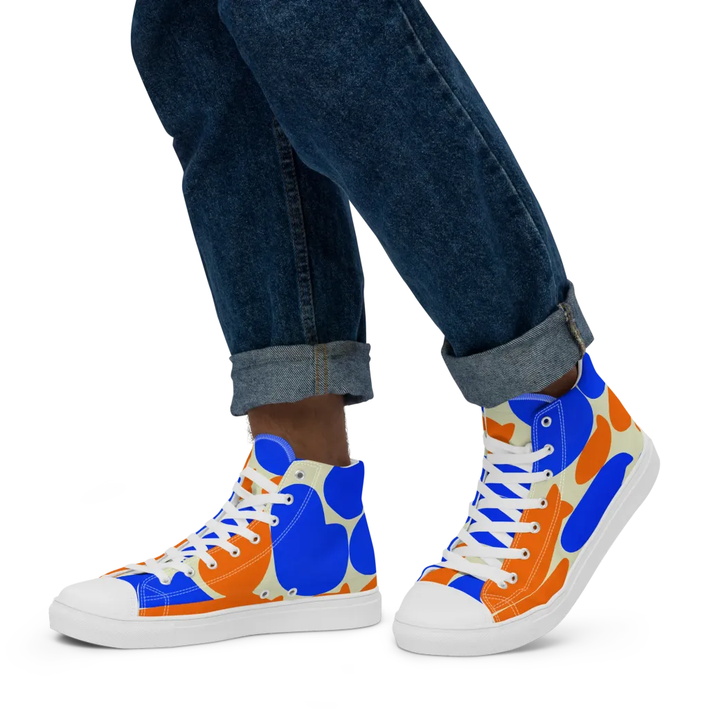Cobalt Tangerine Totem on Men's High Top Canvas Shoes — Left