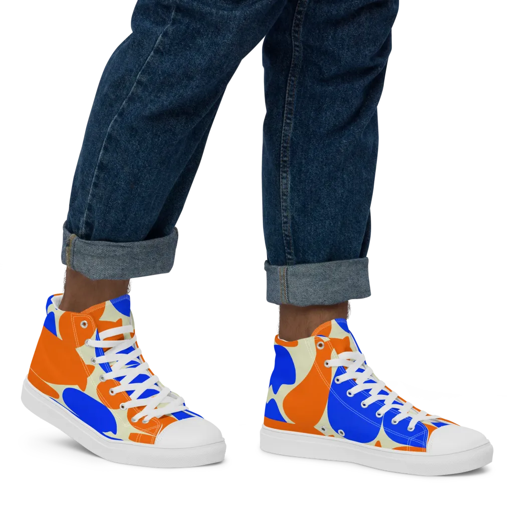Cobalt Tangerine Totem on Men's High Top Canvas Shoes — Right