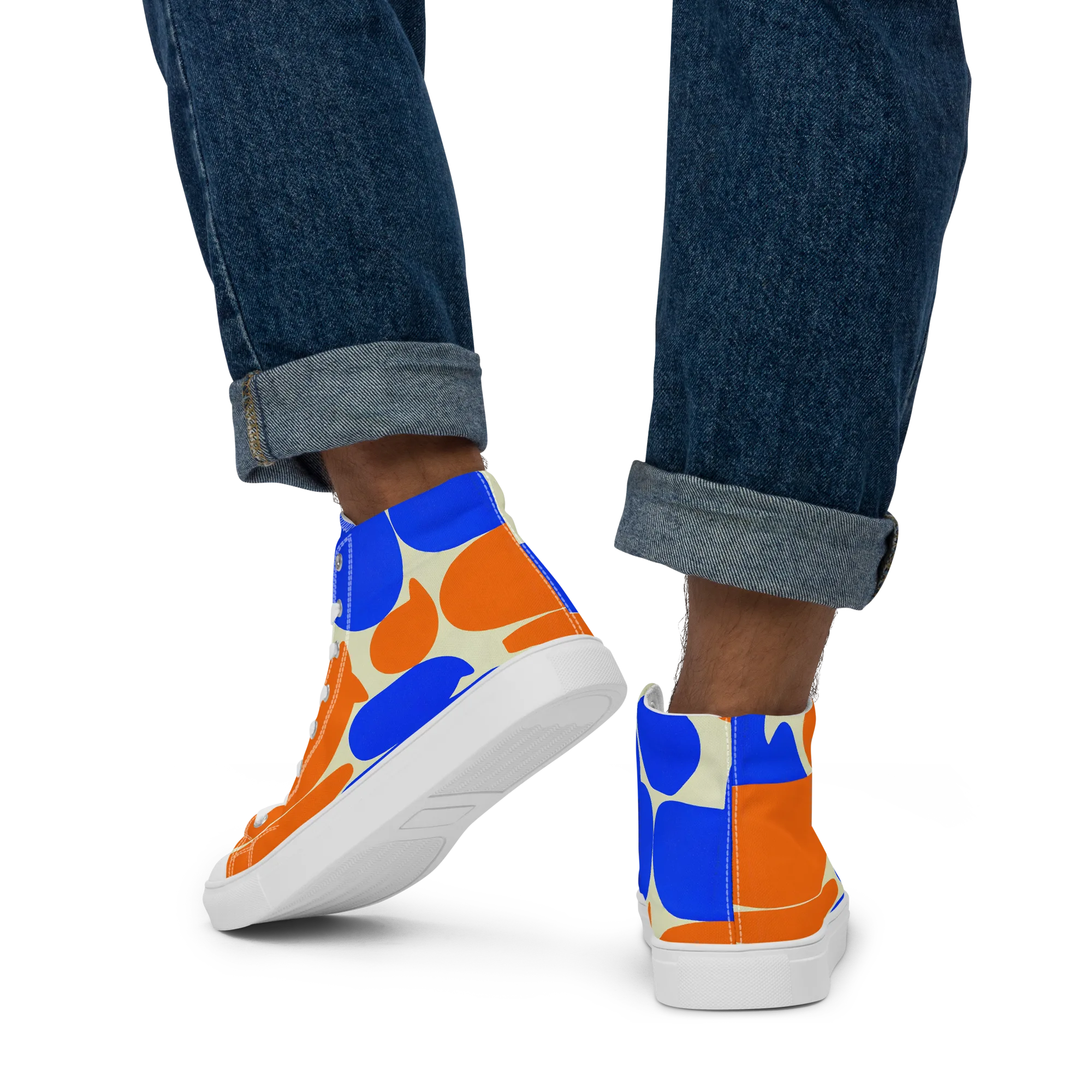 Cobalt Tangerine Totem on Men's High Top Canvas Shoes — Back
