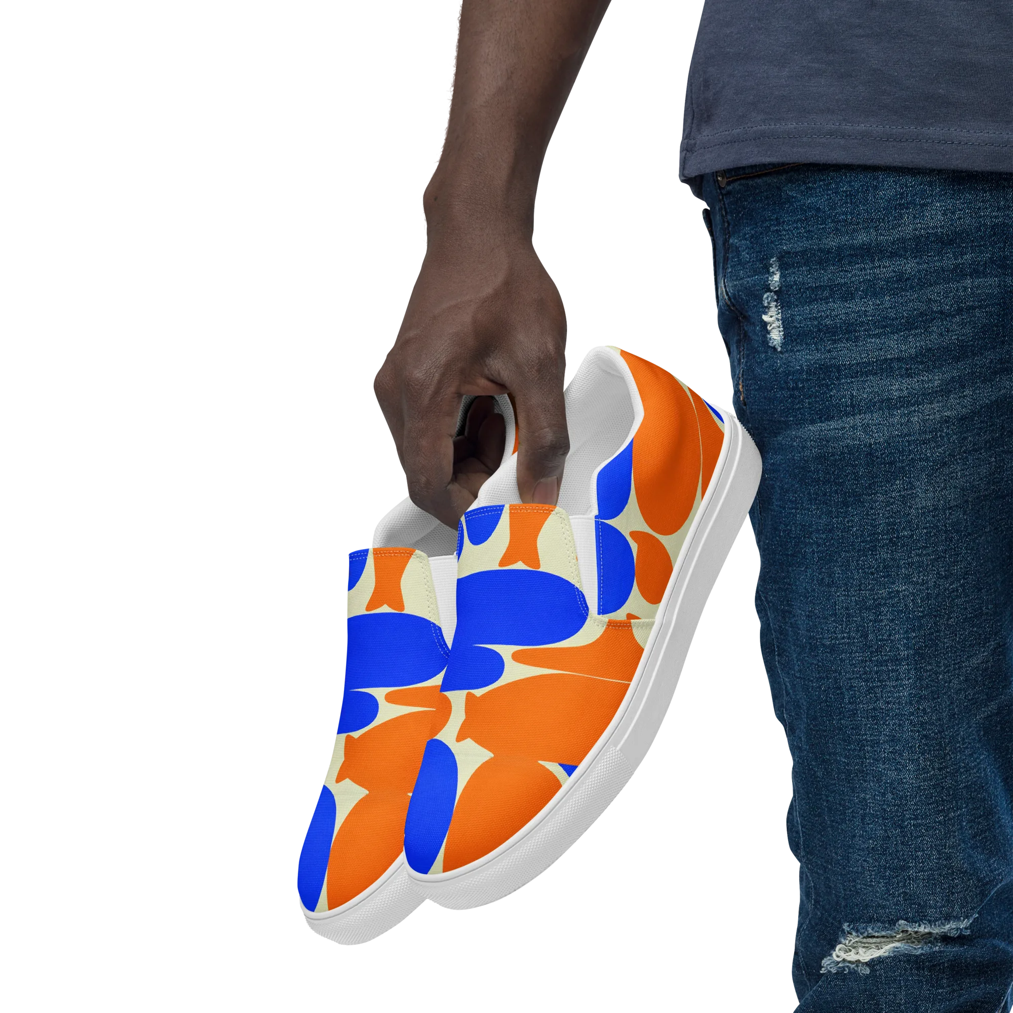Cobalt Tangerine Totem on Men's Slip-On Canvas Shoes — Left Front