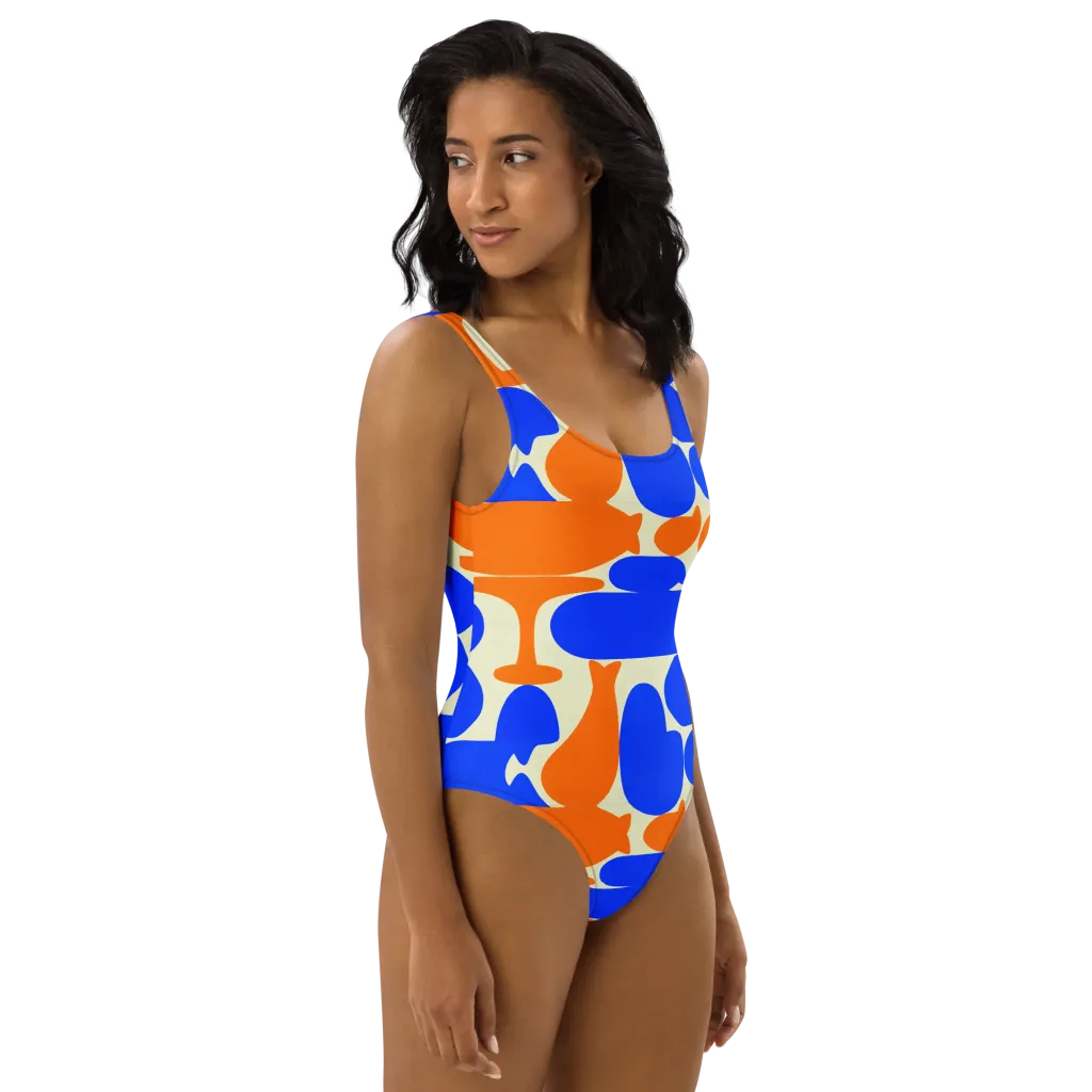Cobalt Tangerine Totem on One-Piece Swimsuit — Right