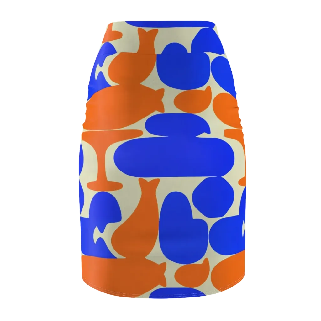 Cobalt Tangerine Totem on Pencil Skirt — Back