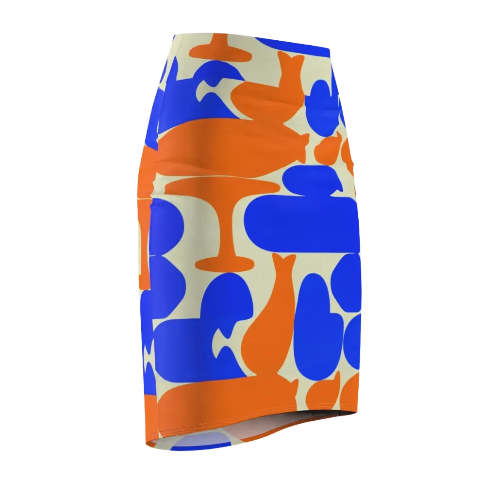 Cobalt Tangerine Totem on Pencil Skirt — Front Side