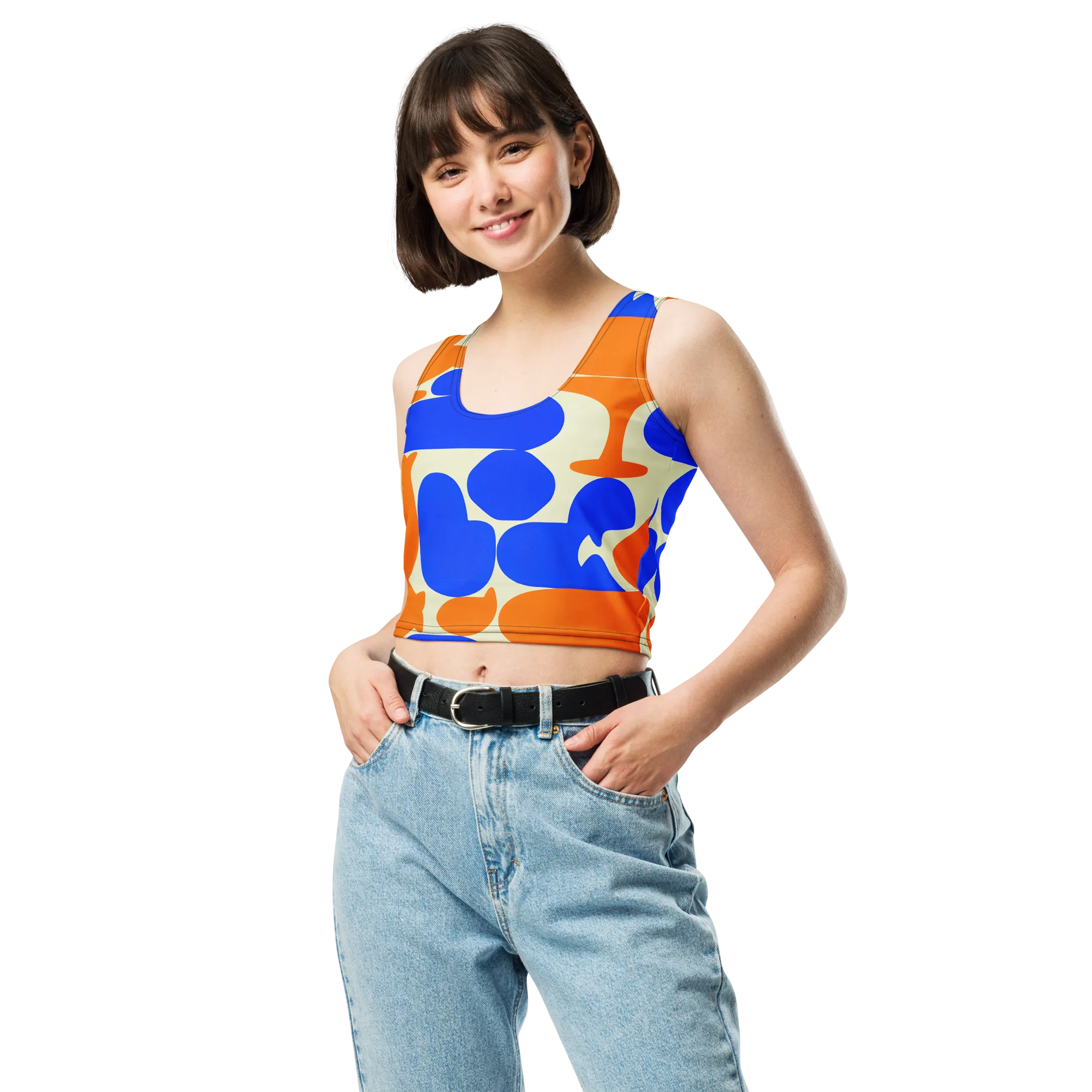 Cobalt Tangerine Totem on Crop Top — Front
