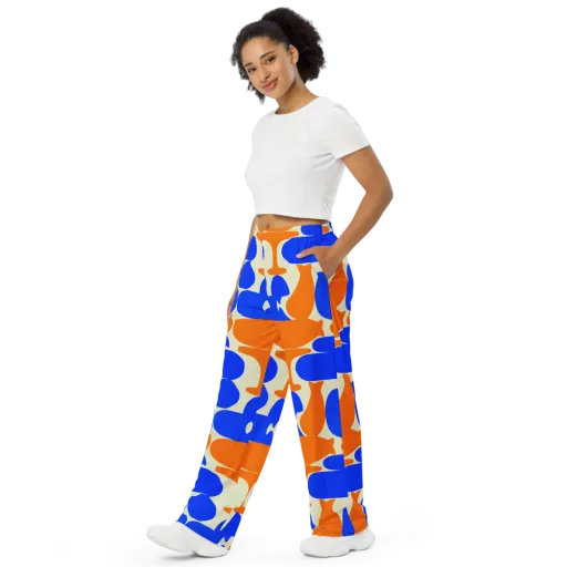 Cobalt Tangerine Totem on a Wide-Leg Pants