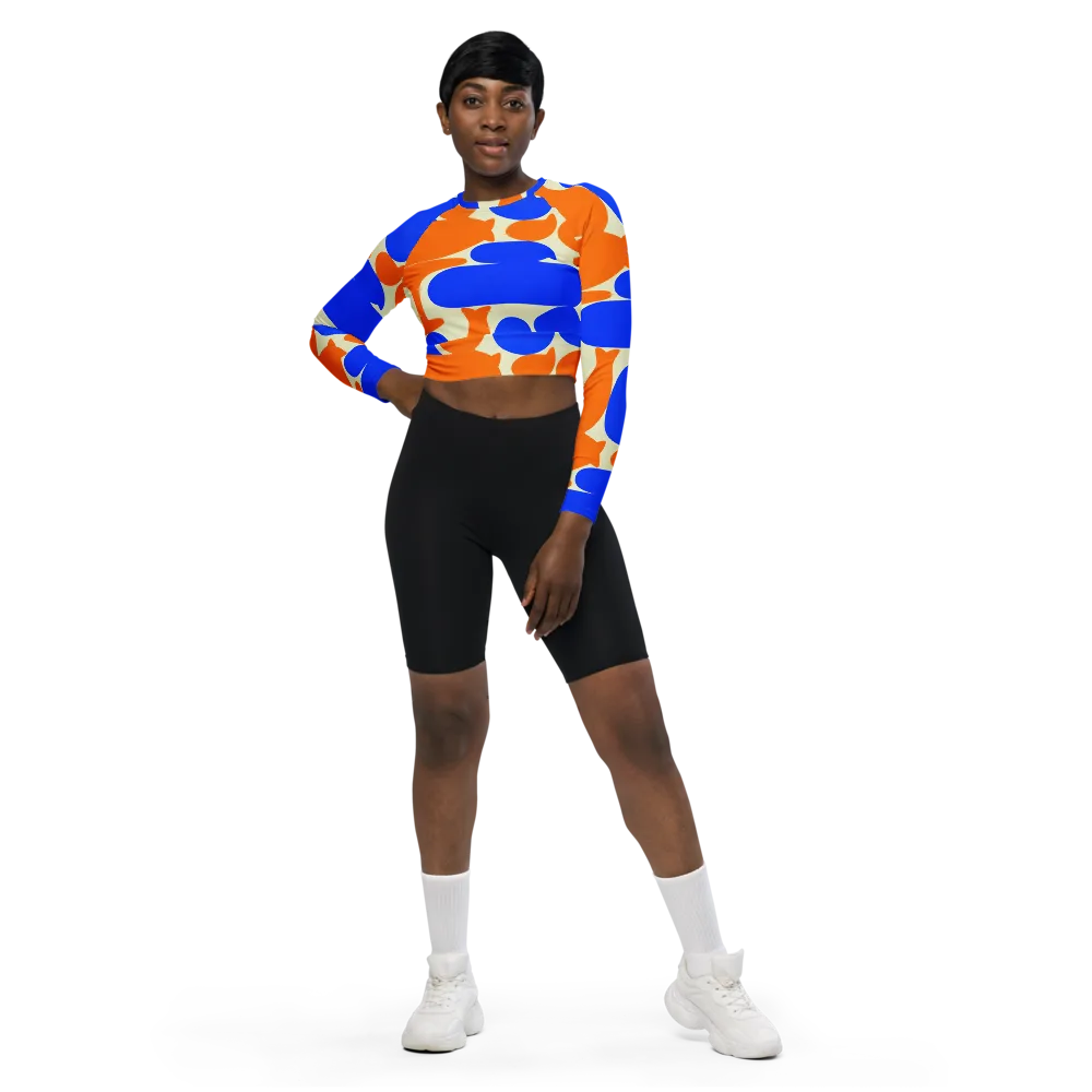 Cobalt Tangerine Totem on Long Sleeve Crop Top — Front