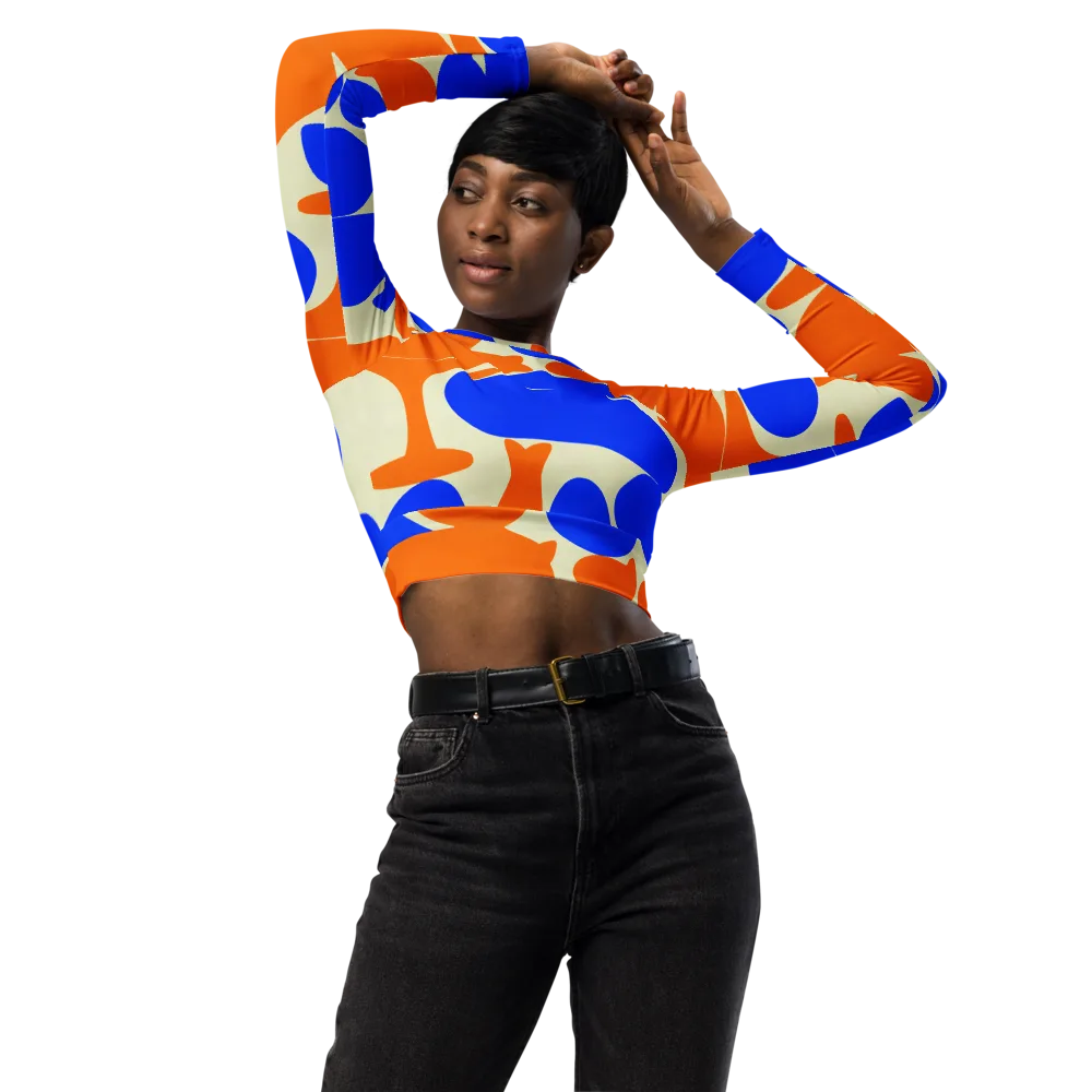 Cobalt Tangerine Totem on Long Sleeve Crop Top — Front