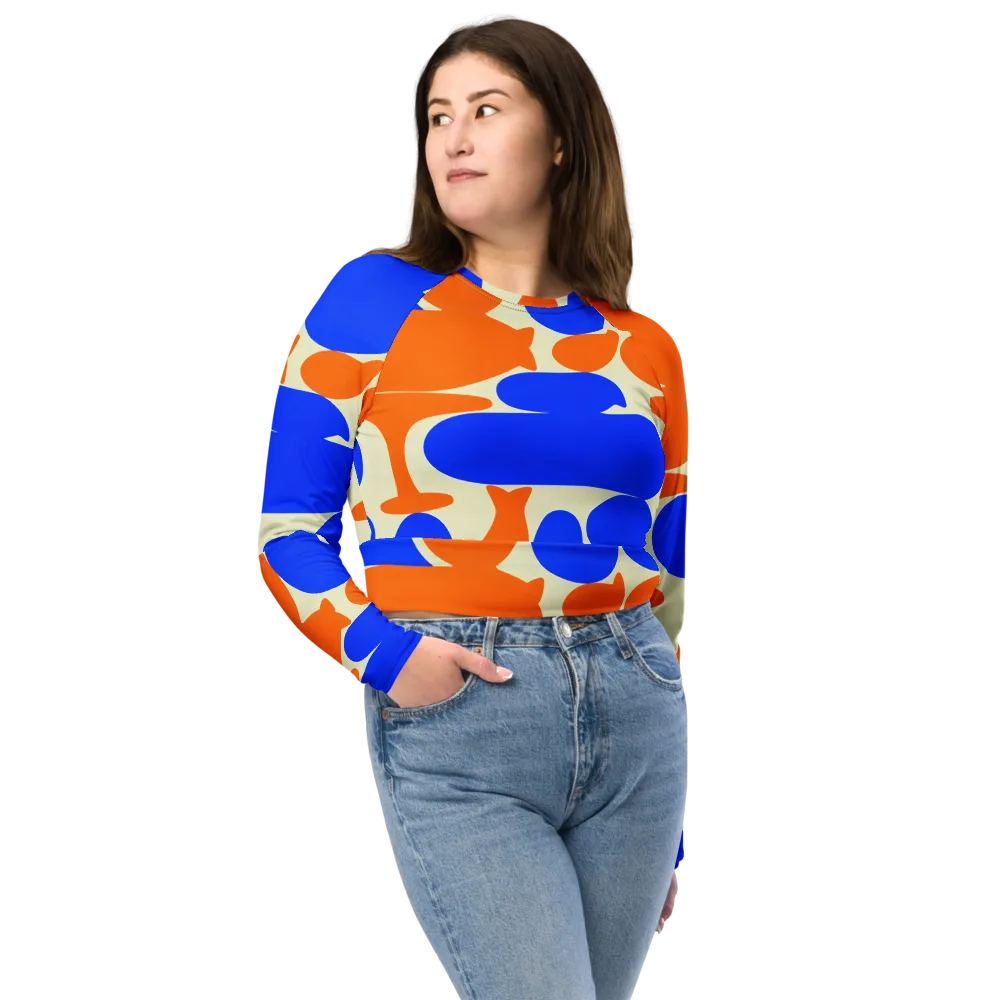 Cobalt Tangerine Totem on Long Sleeve Crop Top — Front