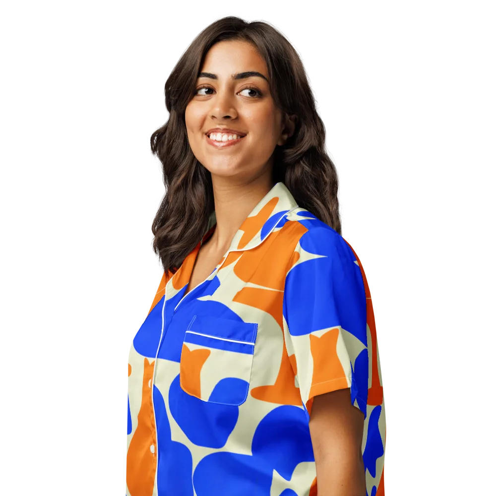 Cobalt Tangerine Totem on Women's Short Sleeve Pajama Top — Left Front