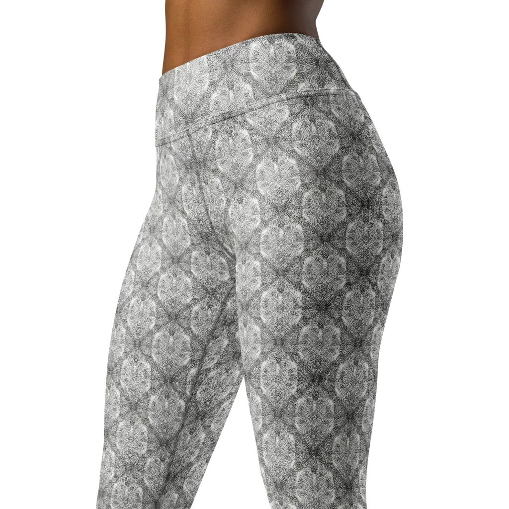 Ivory Filigree on Yoga Leggings — Left Front