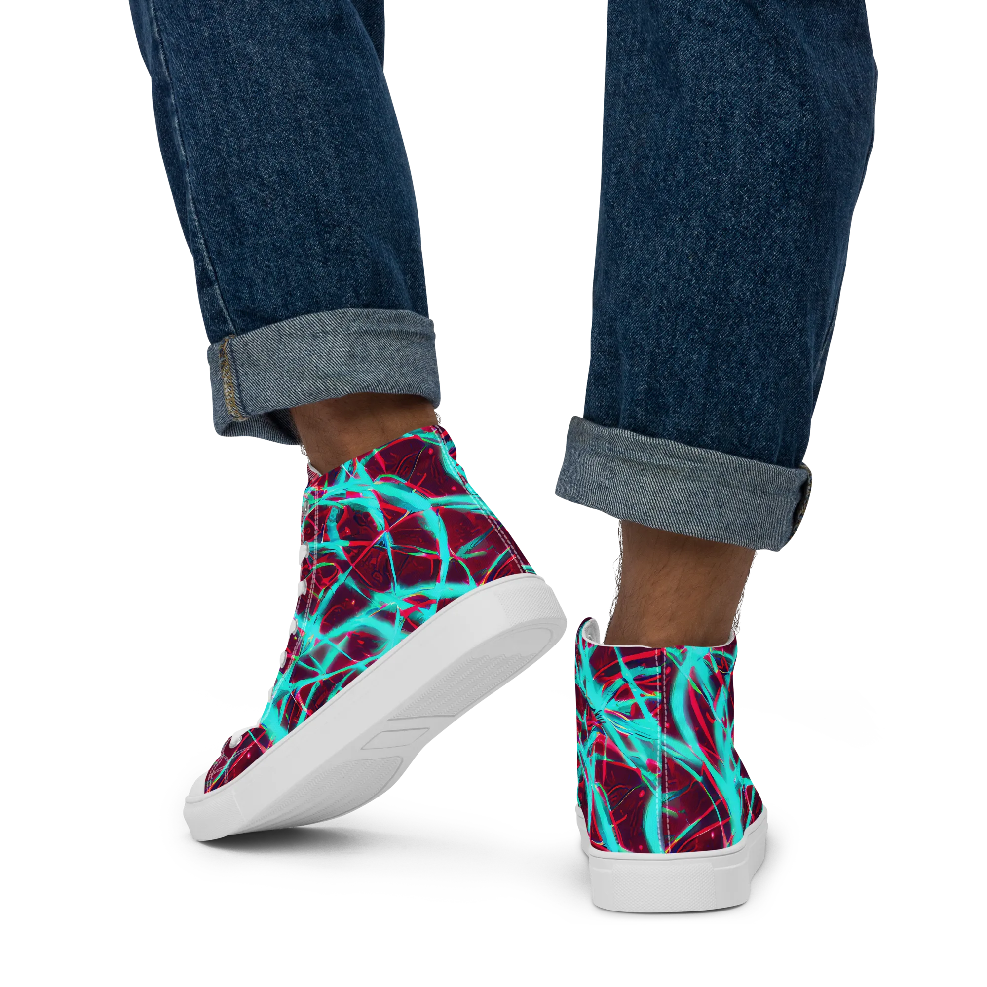 Turquoise Mayhem on Men's High Top Canvas Shoes — Back
