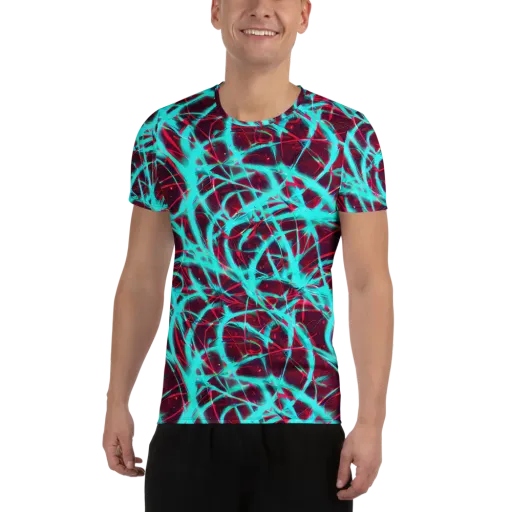 Turquoise Mayhem on a Men's Athletic T-Shirt