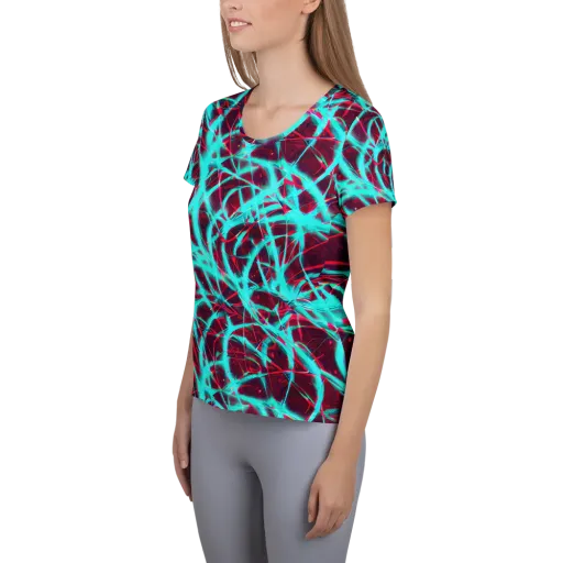 Turquoise Mayhem on a Women's Athletic T-Shirt