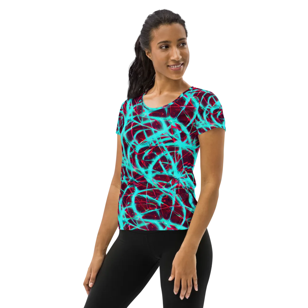 Turquoise Mayhem on Women's Athletic T-Shirt — Left
