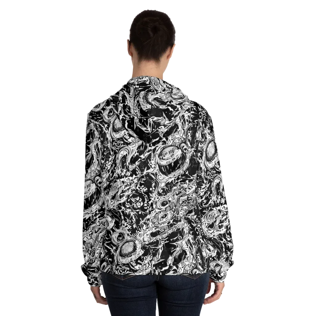 Monochrome Mayhem on Women's Full-Zip Hoodie — Back On Person