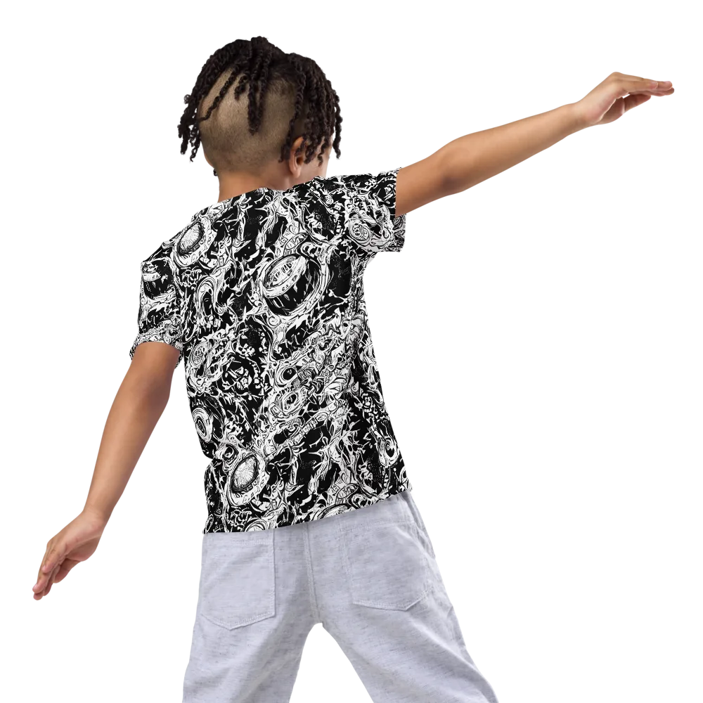 Monochrome Mayhem on Kids Crew Neck T-Shirt — Back