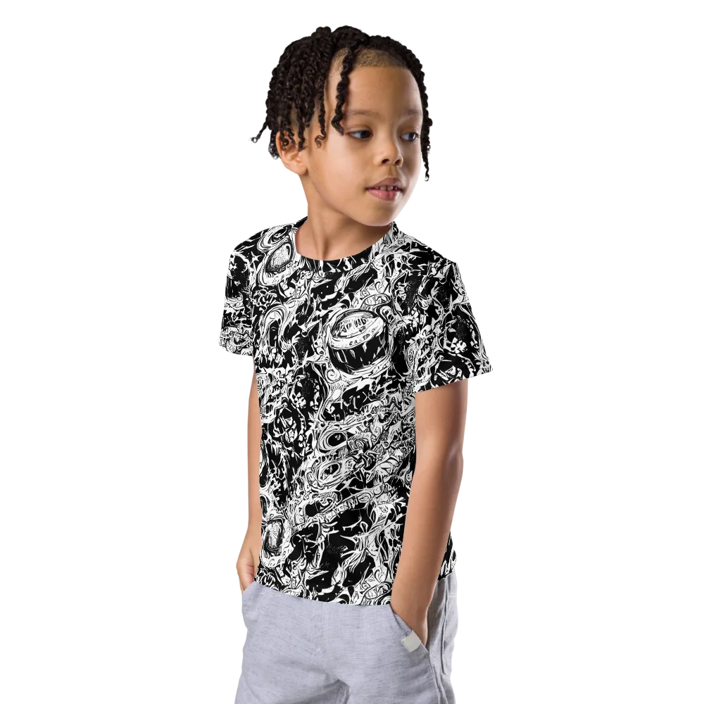 Monochrome Mayhem on Kids Crew Neck T-Shirt — Left Front