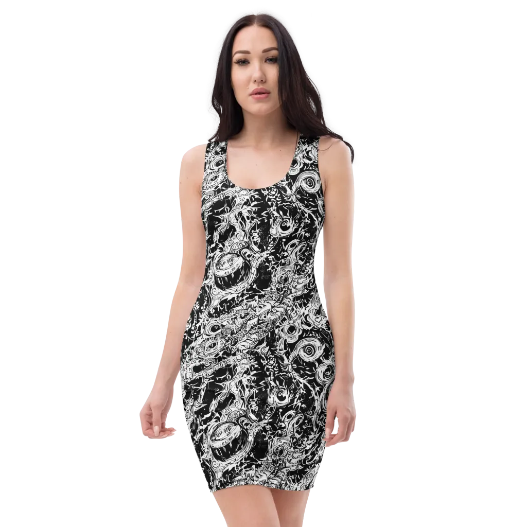 Monochrome Mayhem on Bodycon Dress — Front