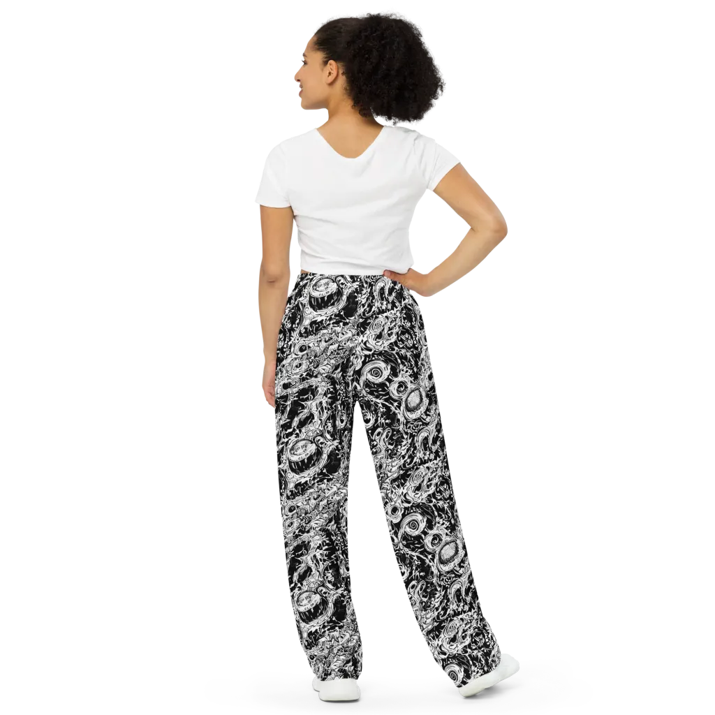 Monochrome Mayhem on Wide-Leg Pants — Back