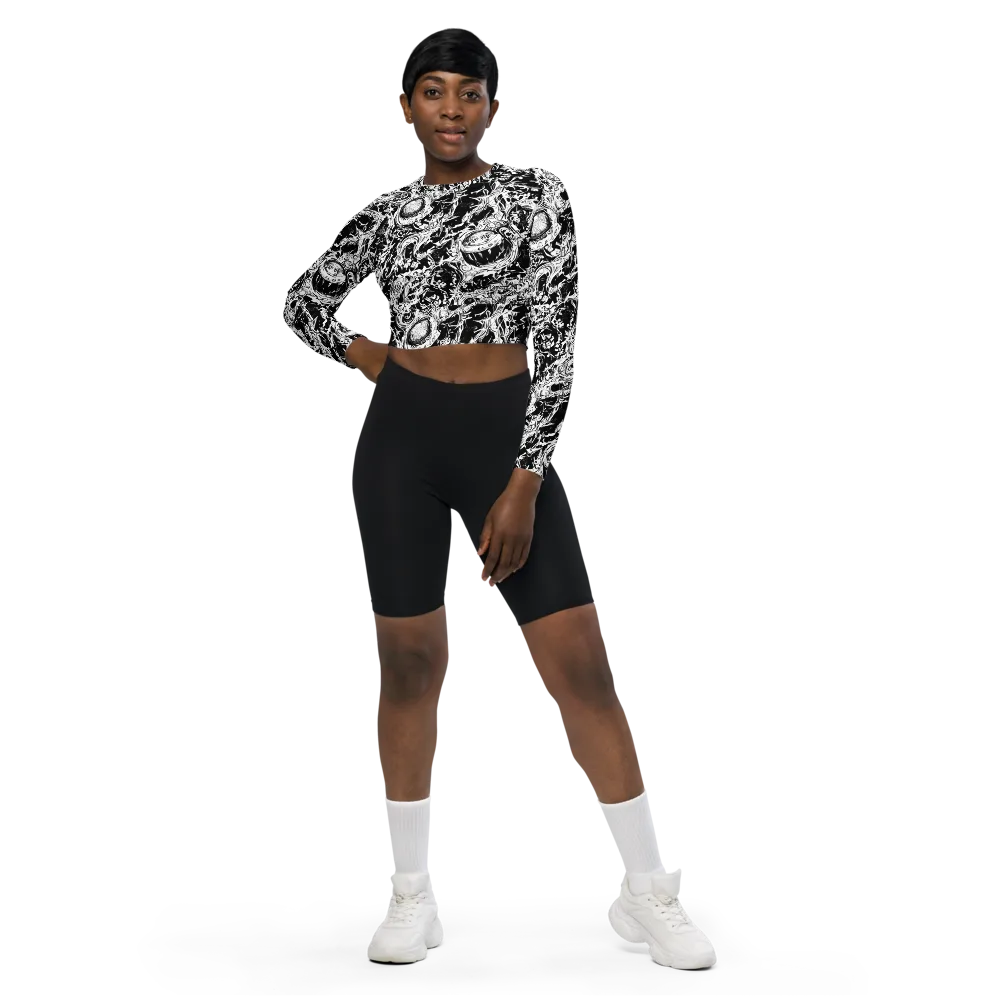 Monochrome Mayhem on Long Sleeve Crop Top — Front