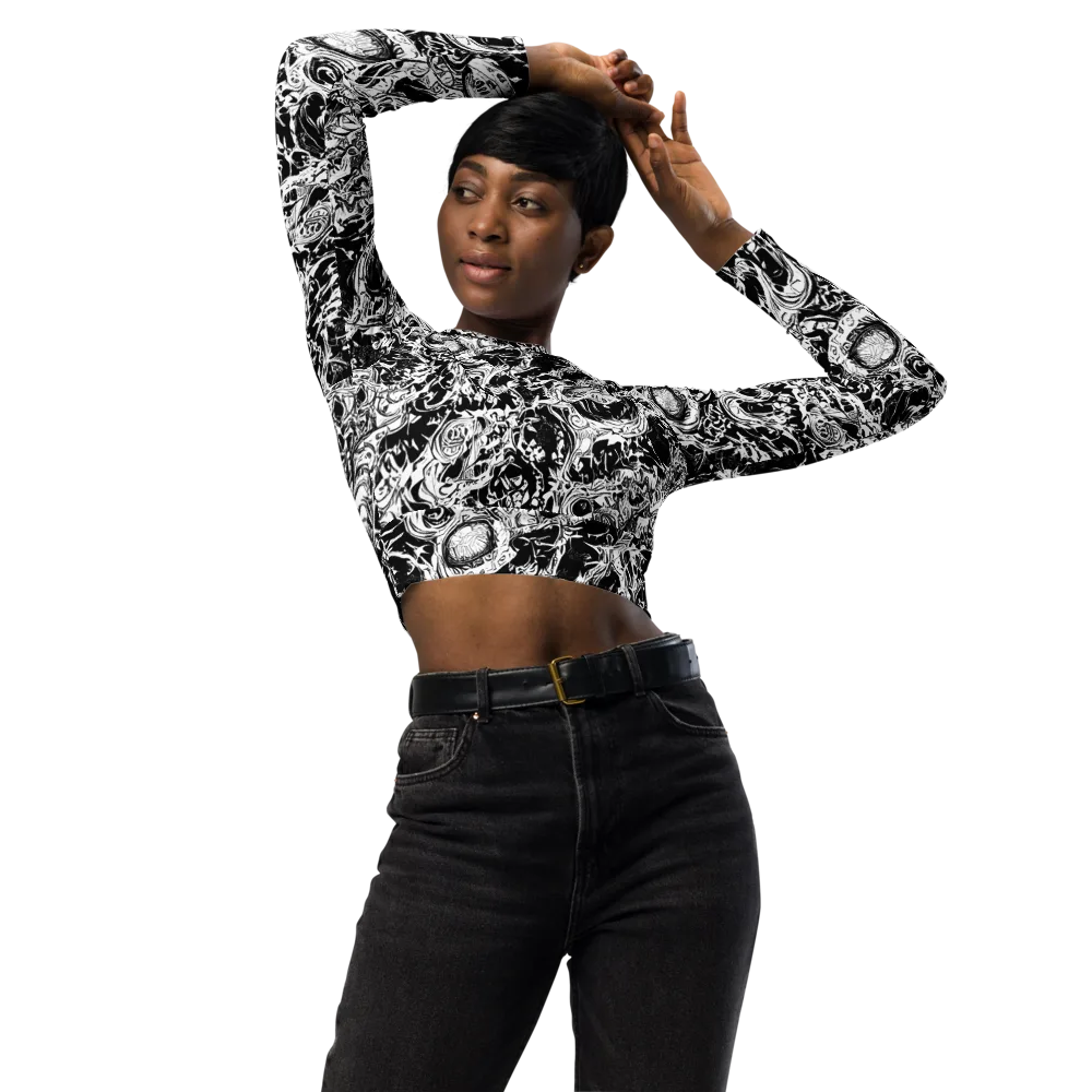 Monochrome Mayhem on Long Sleeve Crop Top — Front