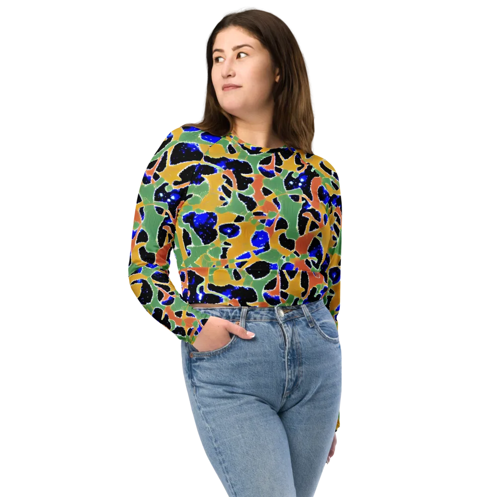 Cobalt Collage on Long Sleeve Crop Top — Front