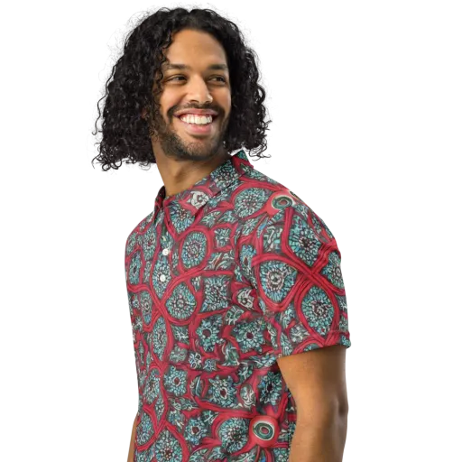 Crimson Mosaic on a Men's Slim Fit Polo Shirt