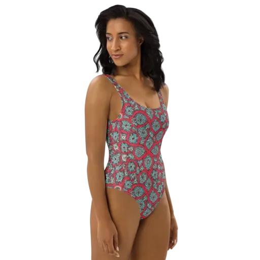 Crimson Mosaic on a One-Piece Swimsuit
