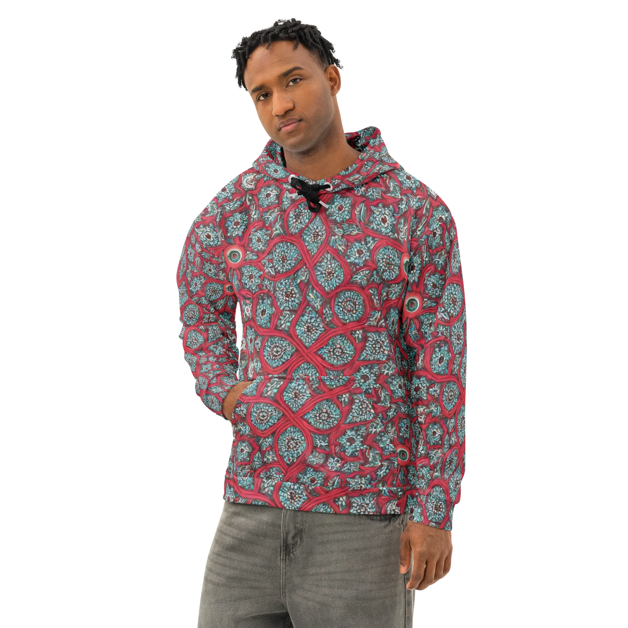 Crimson Mosaic on Cotton Hoodie — Left Front