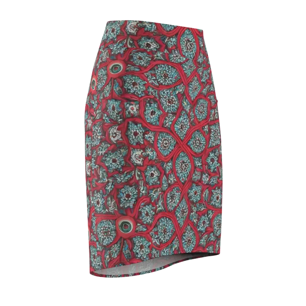 Crimson Mosaic on Pencil Skirt — Front Side