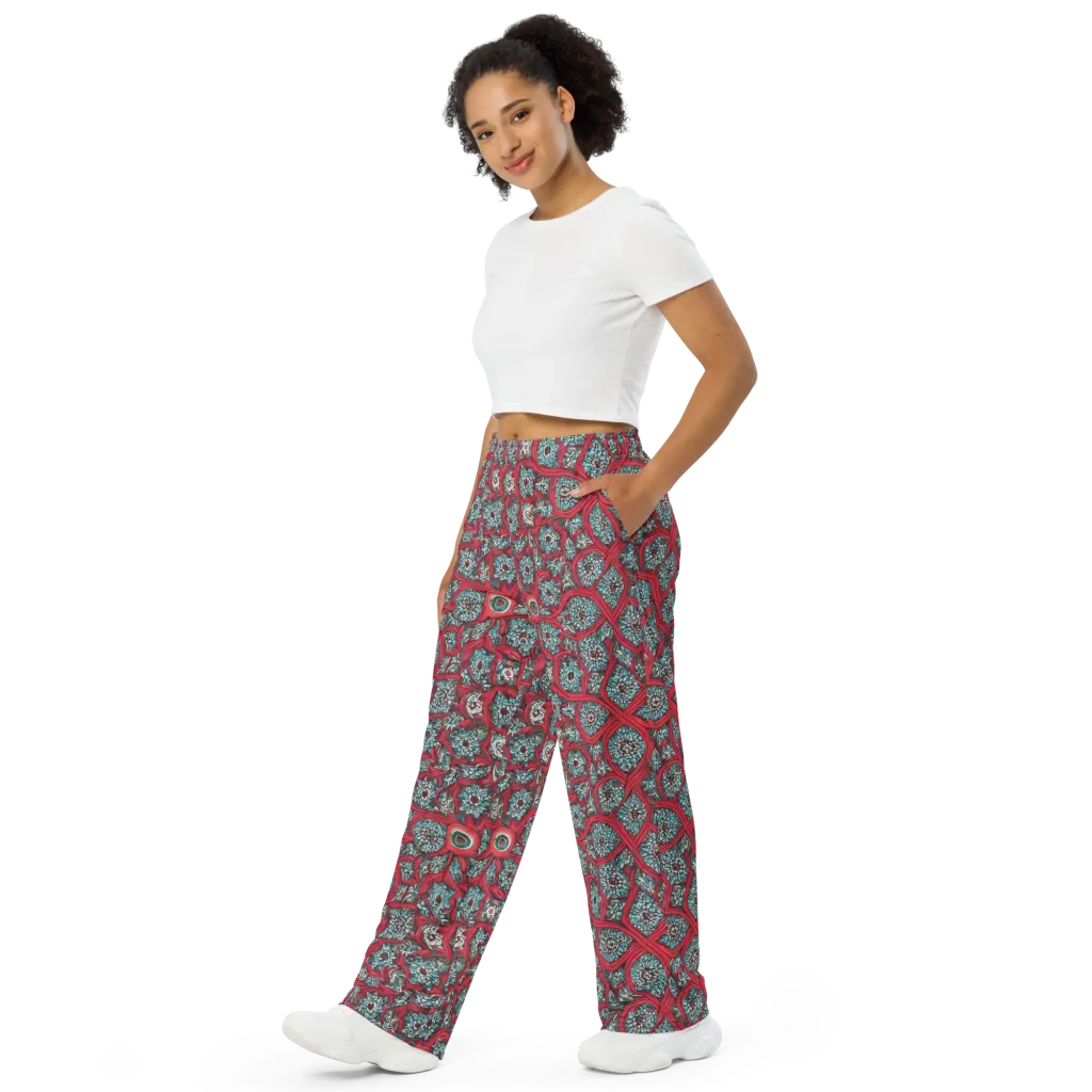 Crimson Mosaic on Wide-Leg Pants — Left Front