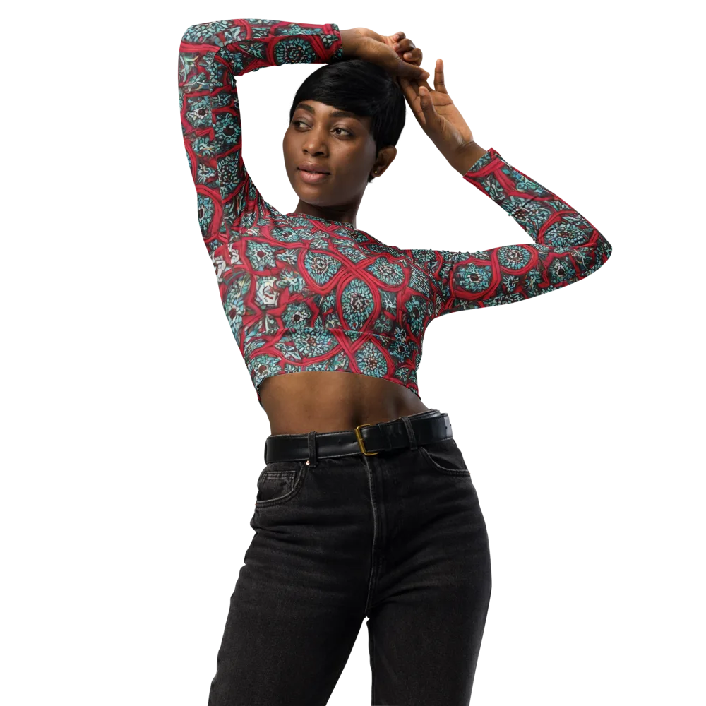 Crimson Mosaic on Long Sleeve Crop Top — Front
