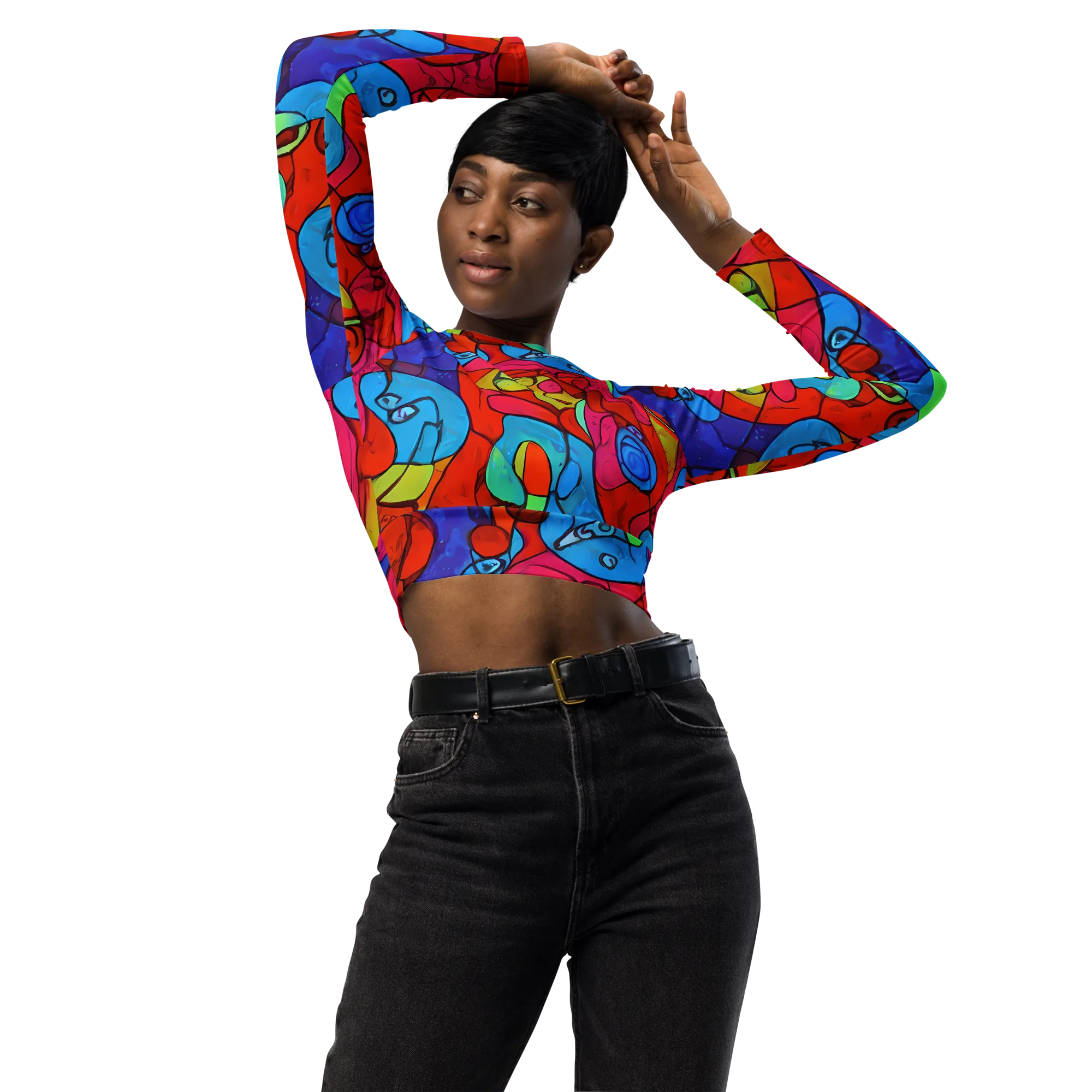 Vivid Orbit on Long Sleeve Crop Top — Front