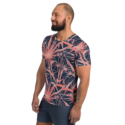 Coral Bloom Voltage on a Men's Athletic T-Shirt