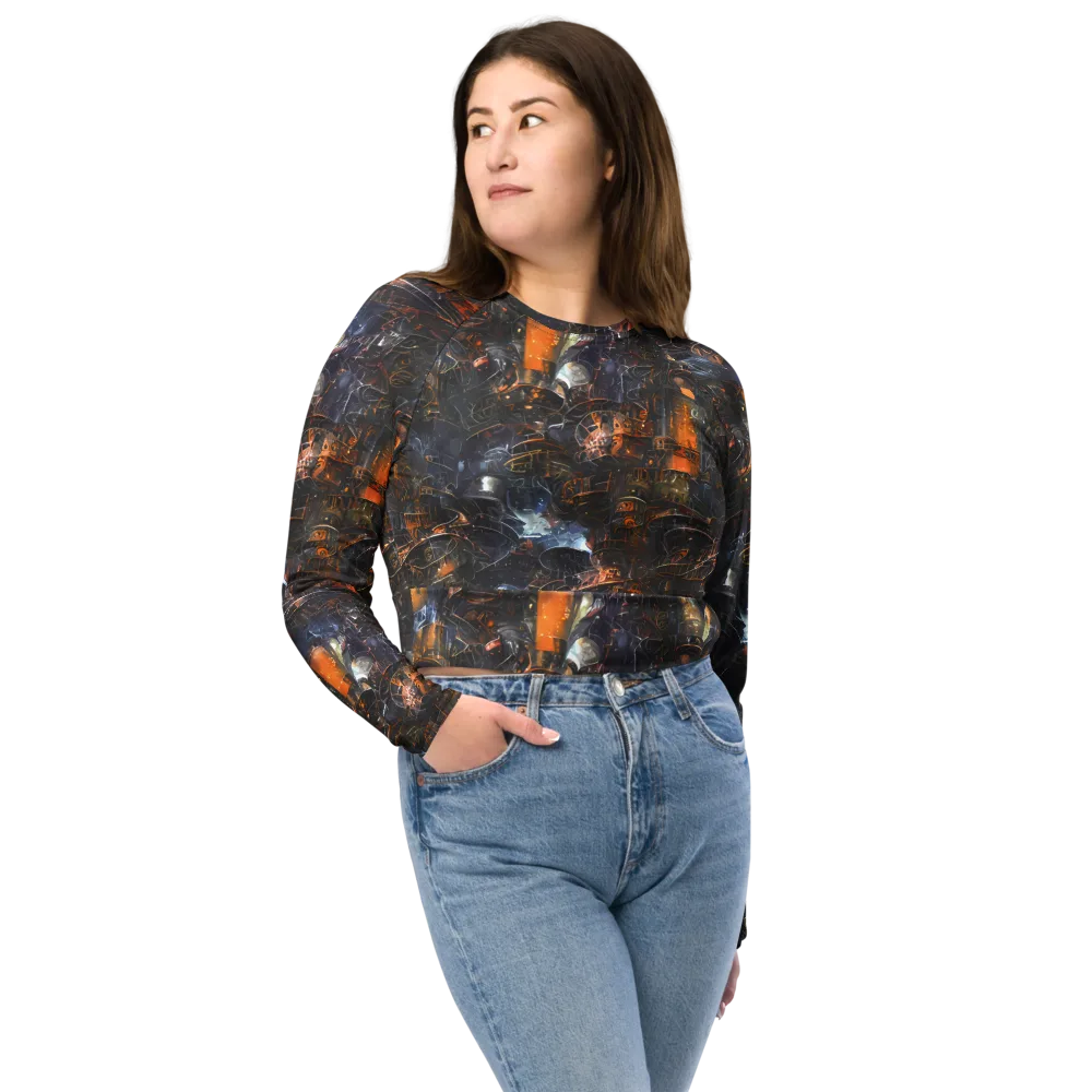 Midnight Mechanica on Long Sleeve Crop Top — Front