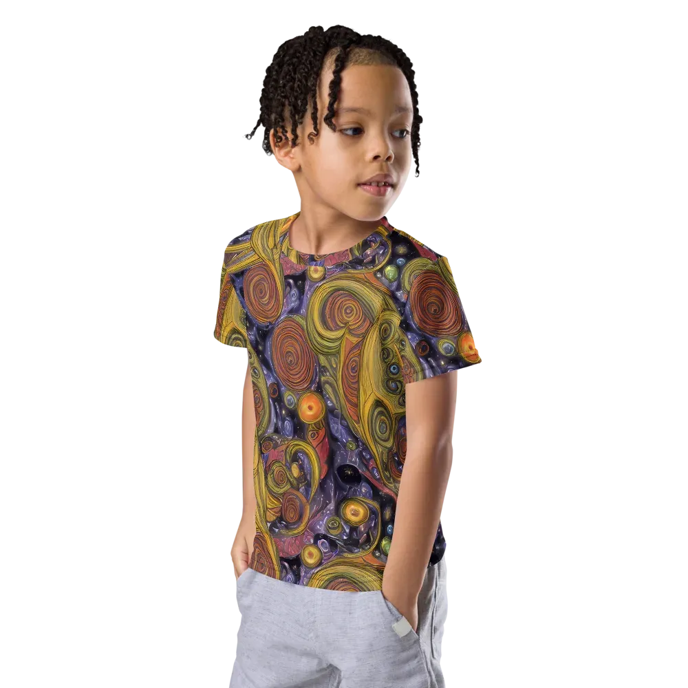 Orbiting Ochre on Kids Crew Neck T-Shirt — Left Front