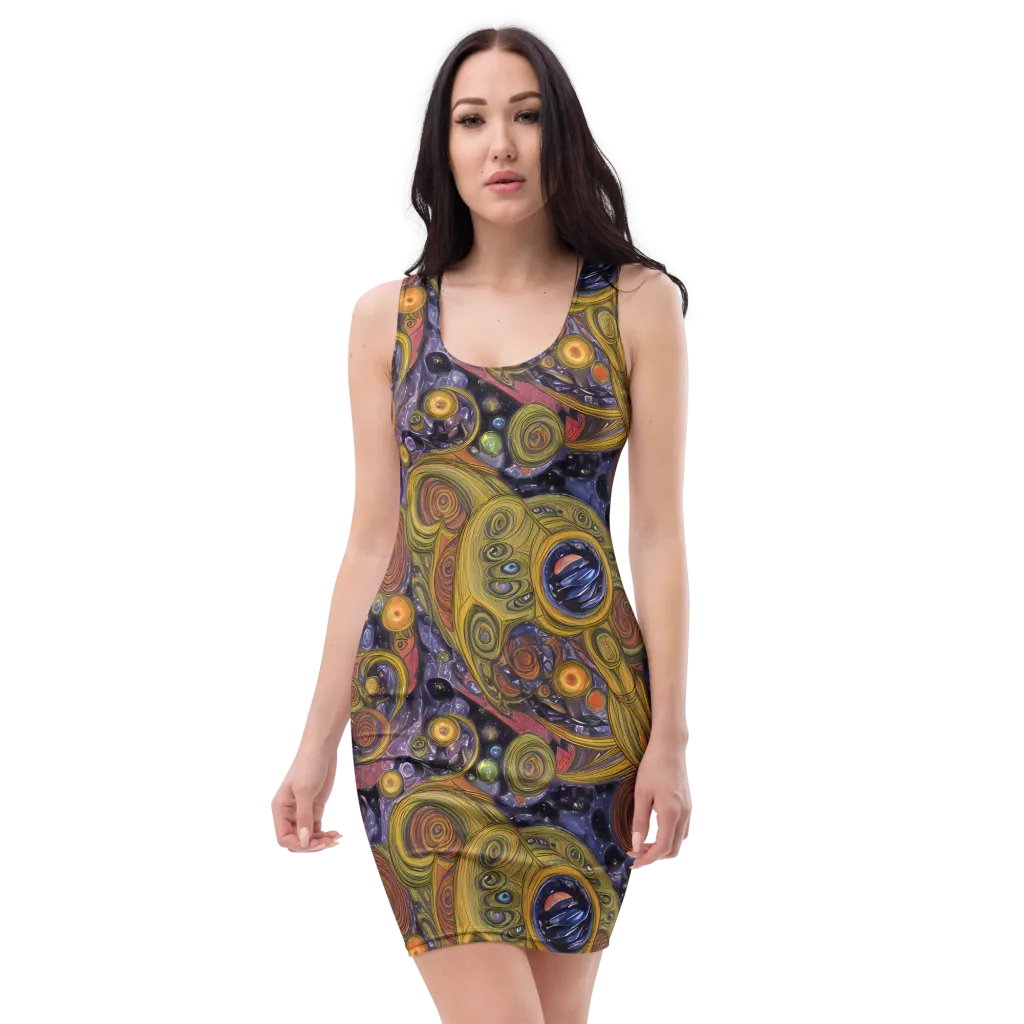 Orbiting Ochre on Bodycon Dress — Front
