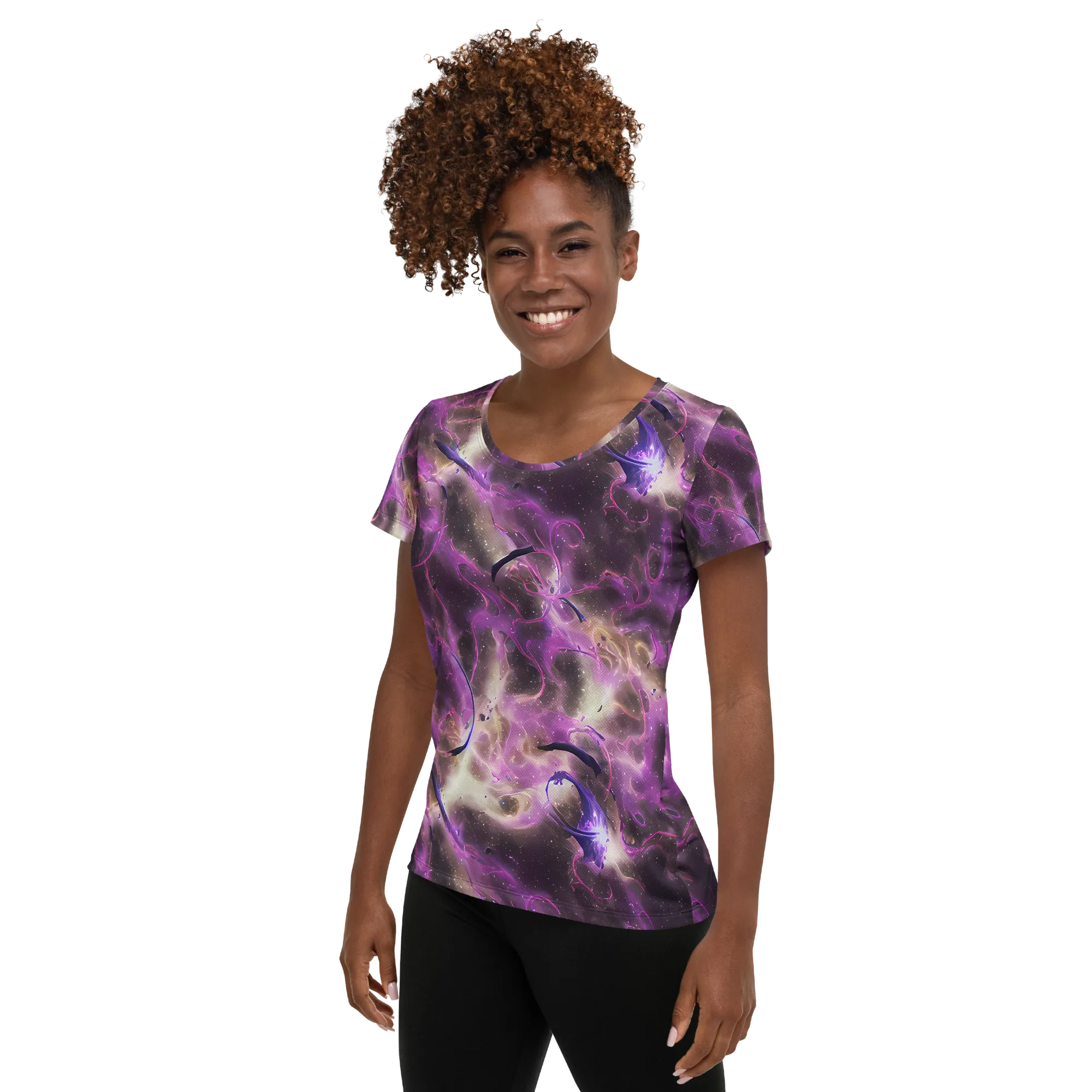 Violet Nebula on Women's Athletic T-Shirt — Left