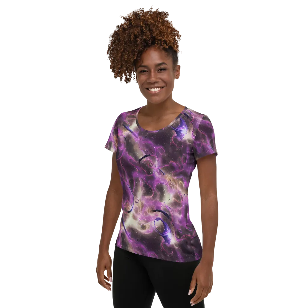 Violet Nebula on Women's Athletic T-Shirt — Left