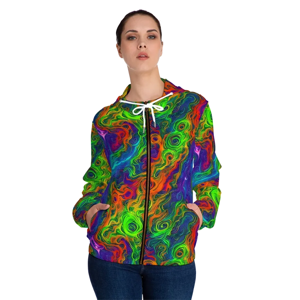 Chromatic Whirl on Women's Full-Zip Hoodie — Front On Person