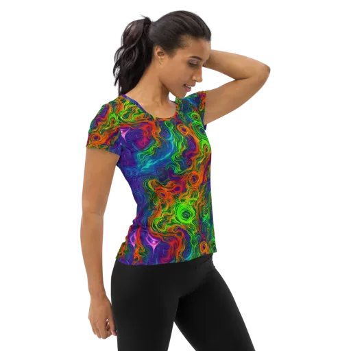 Chromatic Whirl on a Women's Athletic T-Shirt