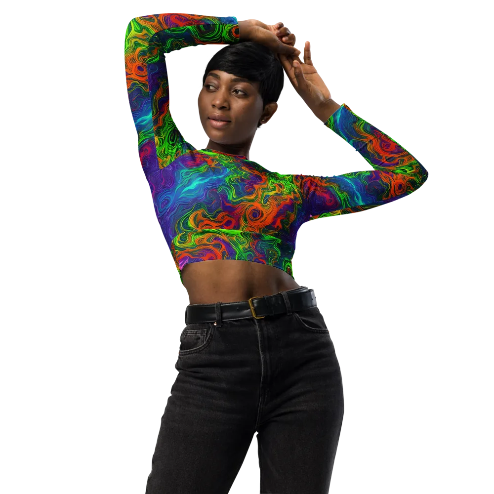 Chromatic Whirl on Long Sleeve Crop Top — Front
