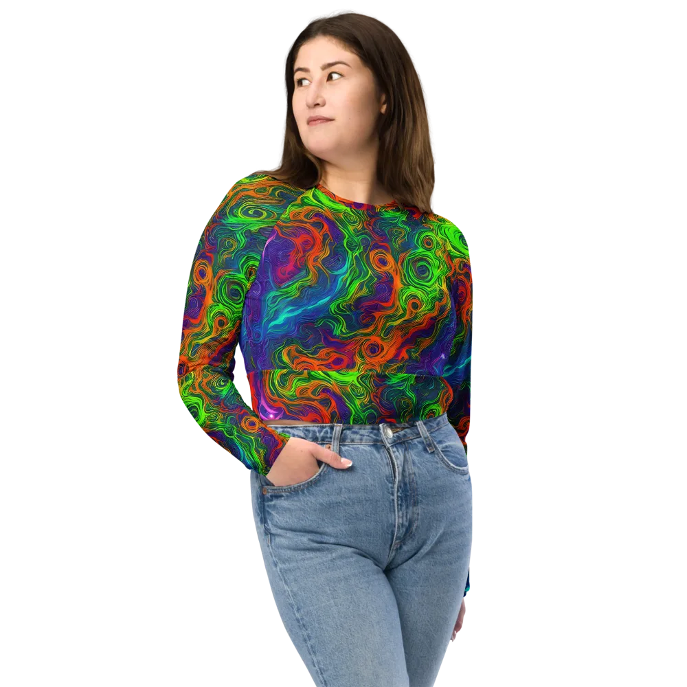 Chromatic Whirl on Long Sleeve Crop Top — Front