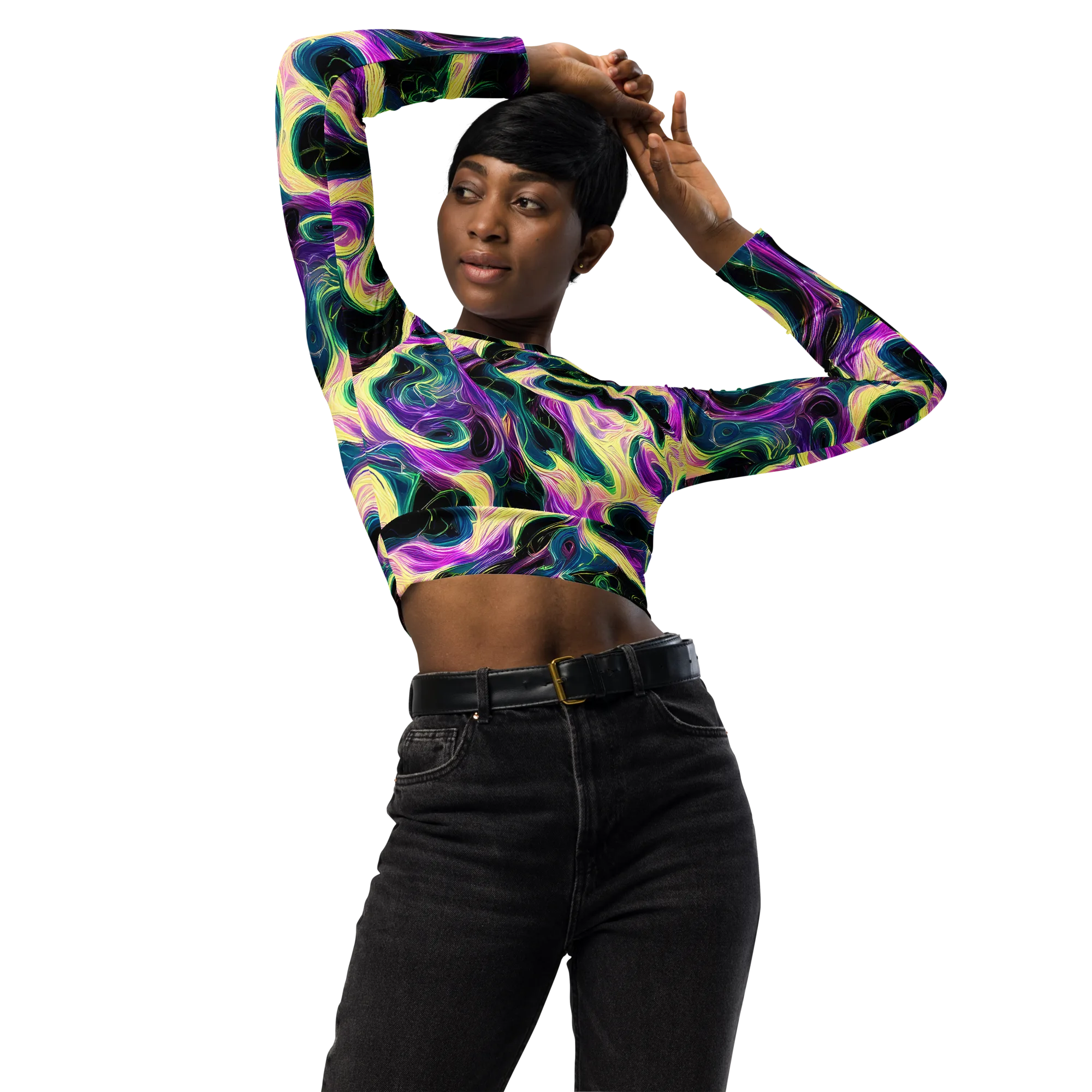 Aurora Rapture on Long Sleeve Crop Top — Front