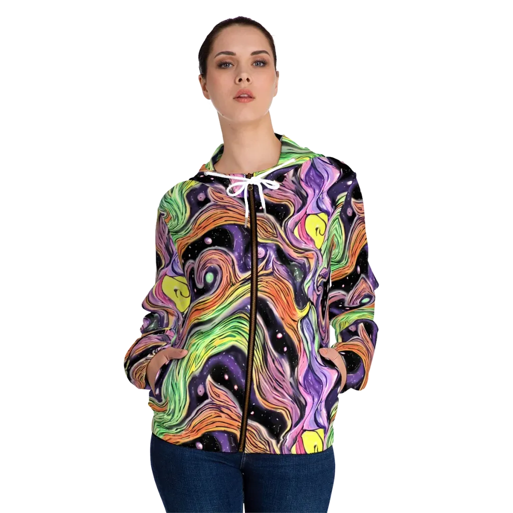 Cosmic Ribbon on Women's Full-Zip Hoodie — Front On Person