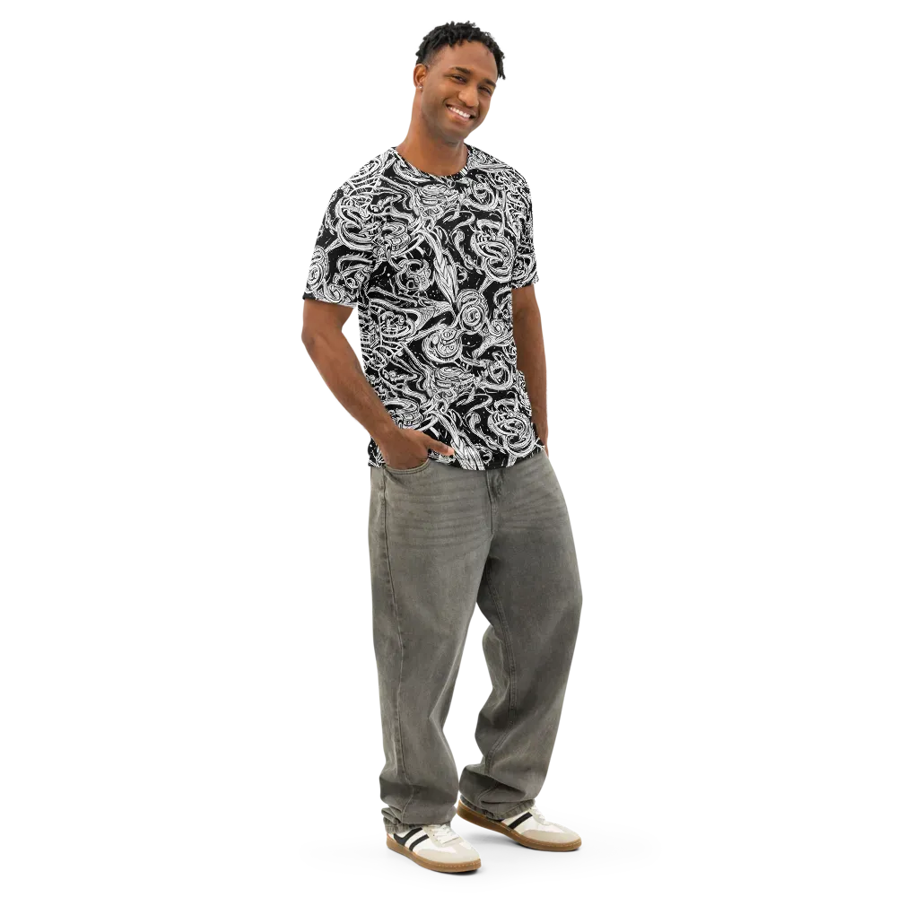 Blackwork Current on Men's Cotton Crew Neck T-Shirt — Right Front